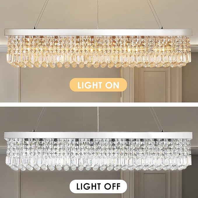 Siljoy 10-Light Modern Crystal Chandelier for Dining Room, Rectangular K9 Crystal Raindrop Chandelier, Rectangle Pendant Ceiling Light Fixture for Living Room Kitchen Island L47'' x W10'' x H10''