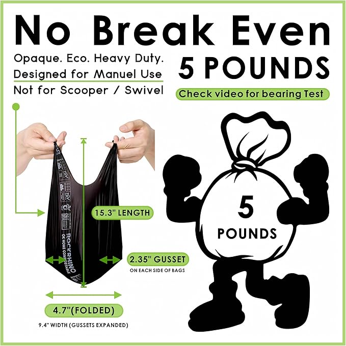 Ultra Thick RockRhino Dog Poop Bags - ECO Heavy Duty, Multi-Layer Bottom, 0% Plastic, 100% Home Compostable, Mint-Scented, Easy Open Tie Handles, Glove-Like Fit - 120 Bags
