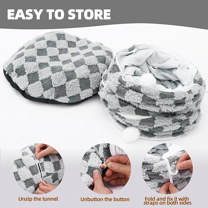 Homimp Cat Tunnel Bed with Central Mat, Large Tube Playground with Plush Ball Toy, Peekaboo Cat Cave with Washable Circle Cushion for Indoor Cats, Pop Up Bed HidePlace for Kitten Puppy Rabbit, Grey