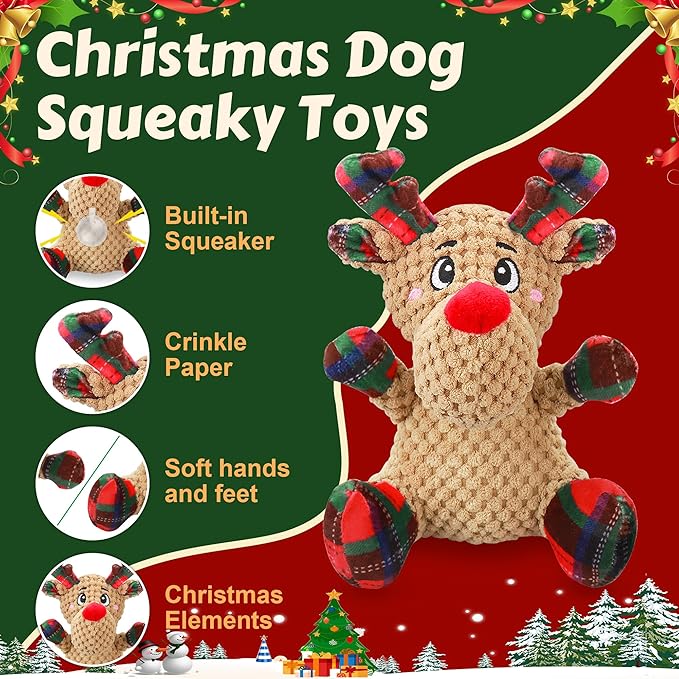 Squeaky Dog Toys, Dog Chew Toys with Crinkle Paper for Puppy, Small, Medium, Large Dogs, Interactive Pet Holiday Toys for Training and Reducing Boredom