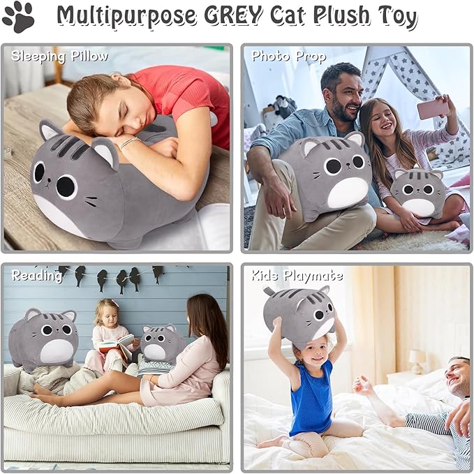 Auspicious beginning Grey Cat Plush Toy-20'' Cat Stuffed Animal, Kawaii Cat Plush Pillow Cat Plushie Soft Cat Sofa Pillow, Stuffed Cat Toys Room Decoration Birthday Gifts for Kids Girls Boys