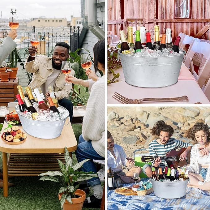 Metal Galvanized Beverage Tub, 2 PCS Large Ice Buckets for Parties, 3.5 Gallons Drinks Champagne Beverage Tub for Cocktail Bar, Wine, Beer, Soda