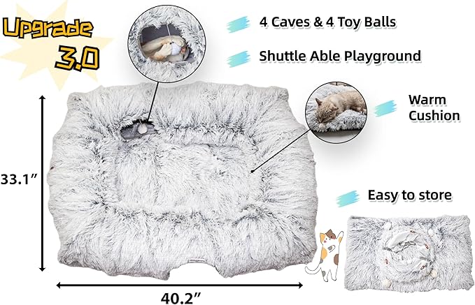 XxingSheep 4 Cave Shuttled XL Cat Tunnel Bed for Indoor Cats Peekaboo Toy Donut with Warm Mat, Yellow-Brown