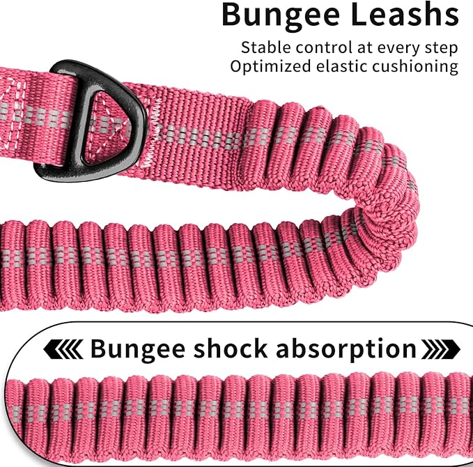 Heavy Duty Tactical Bungee Dog Leashes, 4-6FT Shock Absorbing Tactical Dog Leash with 2 Padded Handles, Metal Carabiner Clip,Car Seatbelt, Reflective Dog Leash for Medium Large Dogs (Pink)