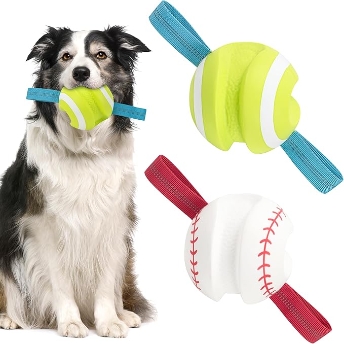 Dog Balls with Straps for Tugging 2 Pcs, Interactive Dog Toys, Puppy Toys to Keep Them Busy, High Bouncy Balls for Dogs, Tennis Ball Base Ball Toys