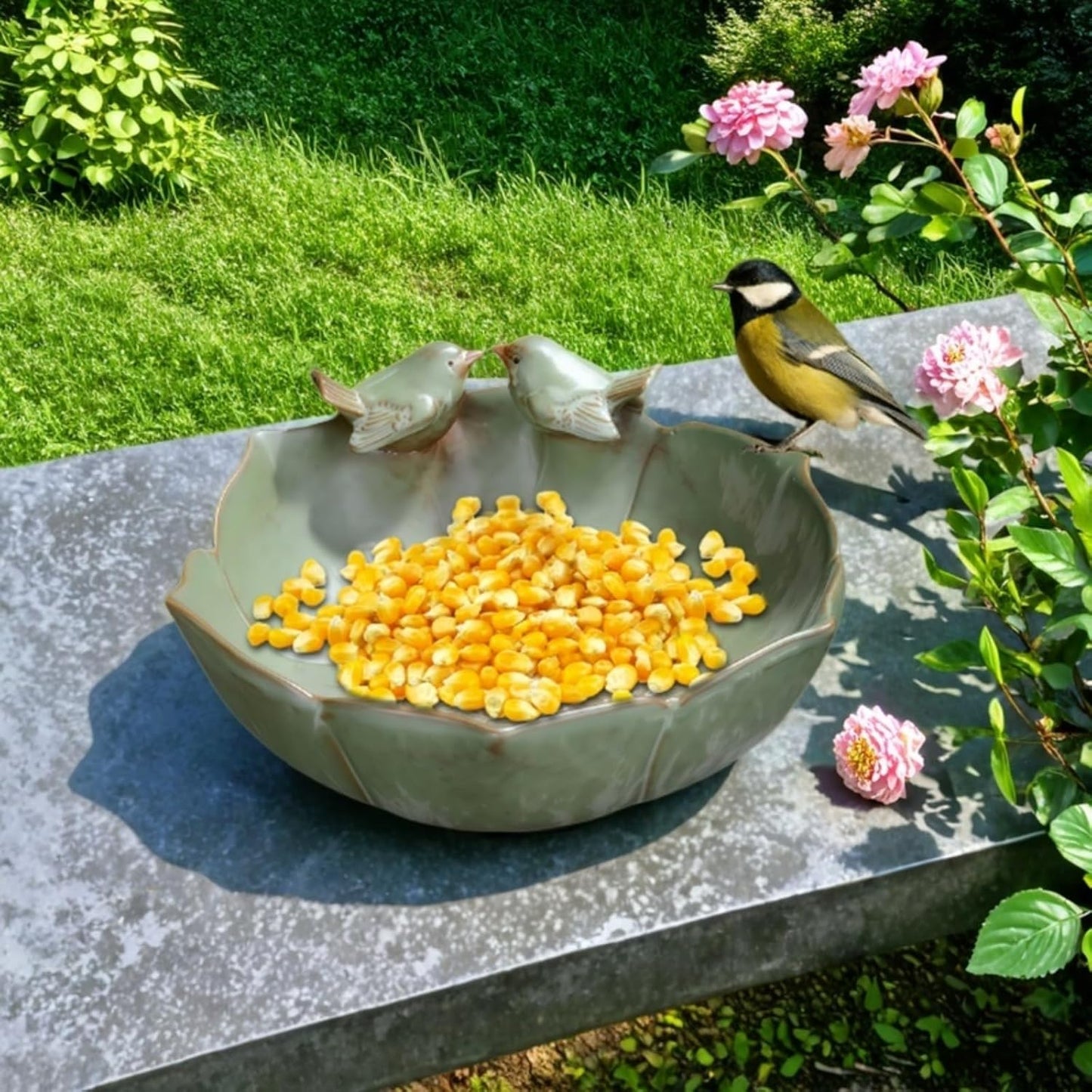 Bird Bath for Outside on Ground, 10 in Ceramic Birds Bath Bowl, Handmade Ground Bird Feeders and birdbath for Outdoors for Outdoors, Garden, Tabletop, Balcony and Lawn (Big - deep)