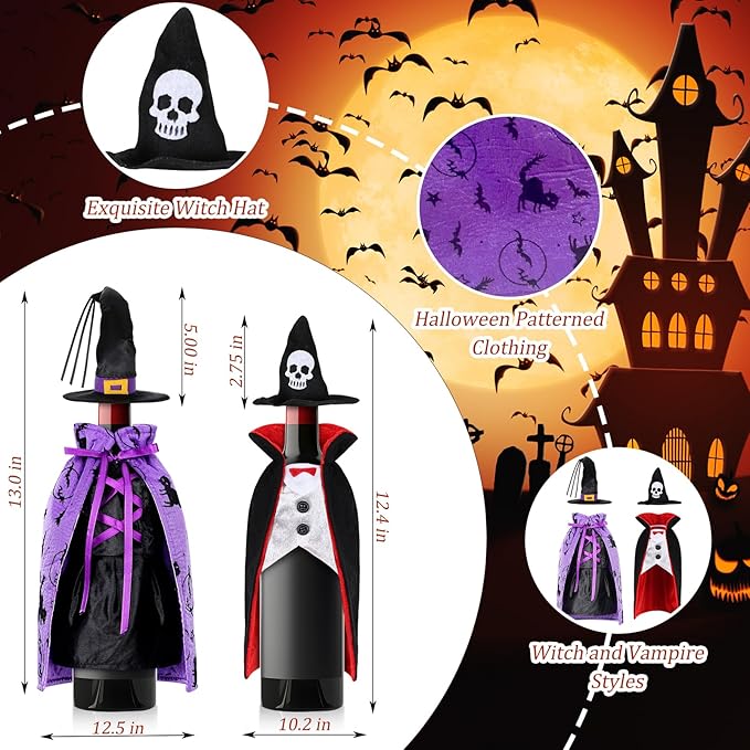 4 Pcs Halloween Wine Bottle Cover Witch Vampire Wine Clothes Dracula Wine Dress for Halloween Party Table Decor