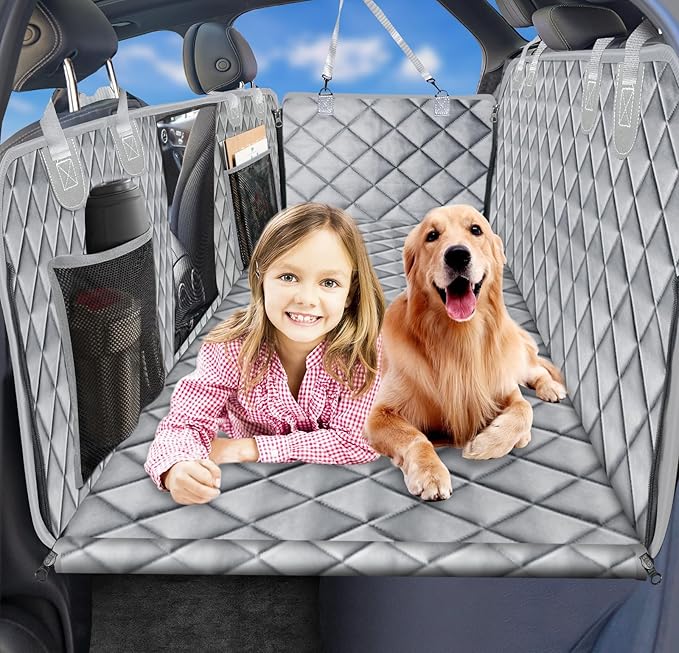 URPOWER Back Seat Extender for Dogs - Hard Bottom Dog Car Seat Cover Holds 400 lbs, Waterproof Dog Hammock Dogs Bed for Cars, SUVs & Small Trucks, Pet Backseat Protector with Mesh Window & Large Space