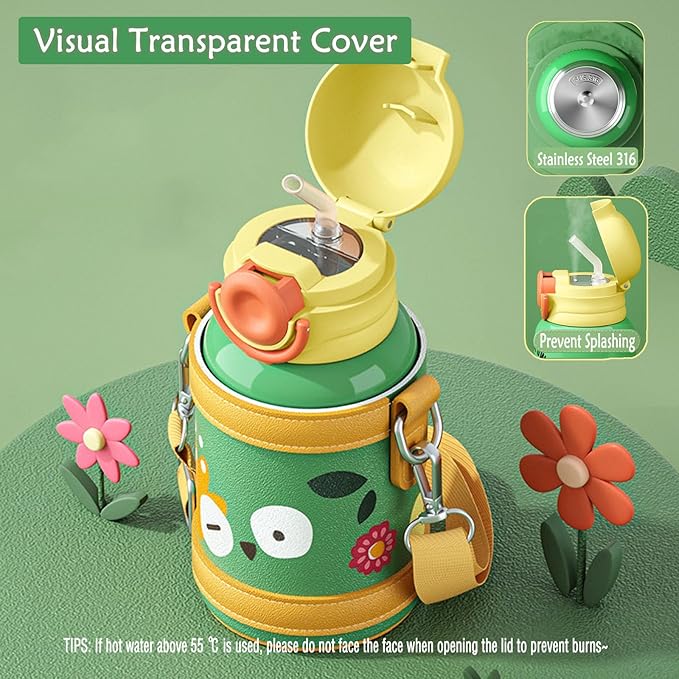 Kawaii Water Bottle with Sleeve Straw and 3 Lids, Cute Water Bottle Double Insulated and Portable Leakproof 15 oz Water Jug for School Sports Travel (GREEN)