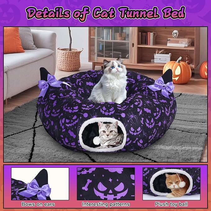 Tidjani Halloween Cat Tunnel, Cat Tunnels for Indoor Cats, Foldable Pet Donut Bed with Washable Mat and Dangling Balls, Purple Bowknot, Ghost Spider Pattern Decor Pet Toys for Small Animals