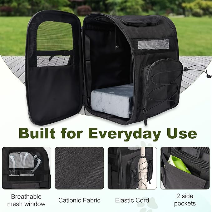 Dog Backpack, Breathable and Comfortable - with Chest Strap, Waist Strap, Safety Buckle and Elevated Interactive Pad, Ideal Pet Carrier Bag for Traveling, Hiking and Daily Walks, Black