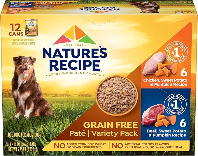 Nature's Recipe Grain Free Wet Dog Food Variety Pack Chicken and Beef Recipes, 13oz. Cans