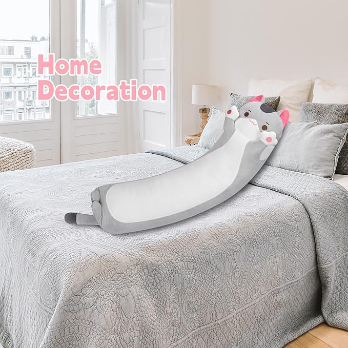 Long Cat Plush Cat Body Pillow, 44 Inch Cute Gray Cat Stuffed Animals Soft Plushies, Kitten Kawaii Plush Throw Pillow Doll Toy Gift for Girlfriend