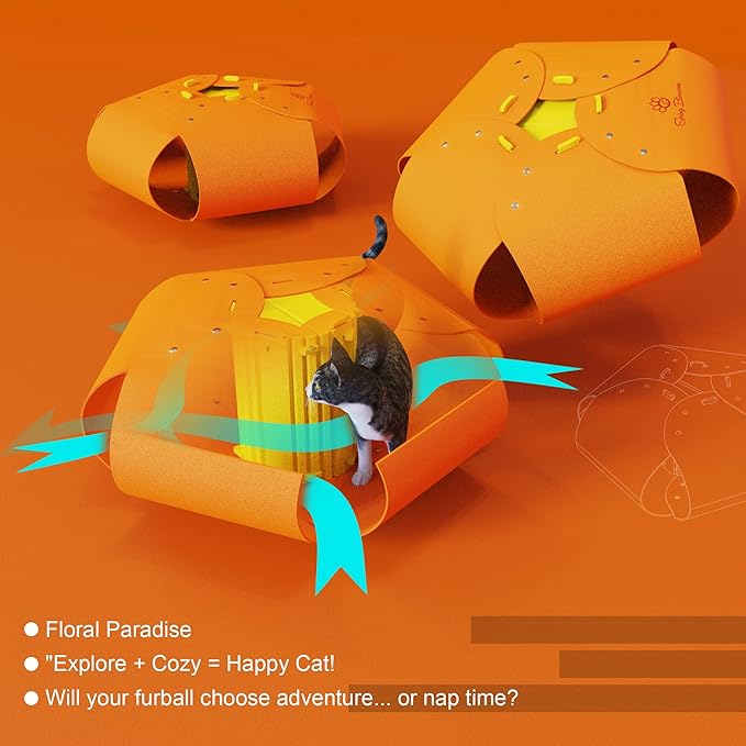 Spring Blossoms Cat Tunnel, Cat Cave for Indoor Cats Bed,Scratch Resistant Cat Toys for Medium Large Cats Hide and Seek Toy (Amber Orange)