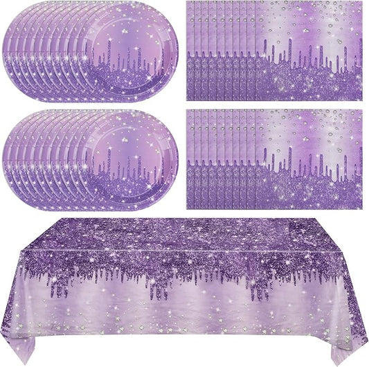41Pcs Purple Birthday Party Decorations, Happy Birthday Party Tableware Includes 20 Paper Plates 20 Napkins and 1 Tablecloth, Purple Dinnerware for Women Girl Men Birthday Party Baby Shower Decoration