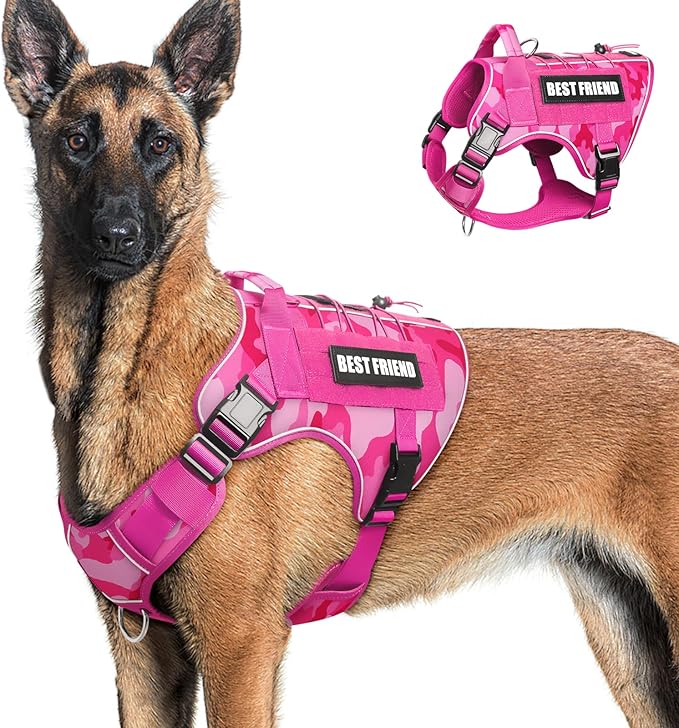 Tactical Dog Harness for Large Dogs,No Pull Military Dog Vest with Easy Control Handle&Molle,Adjustable Heavy Duty Pet Harness for K9 Working Hiking Training Daily Walking Camo Pink L