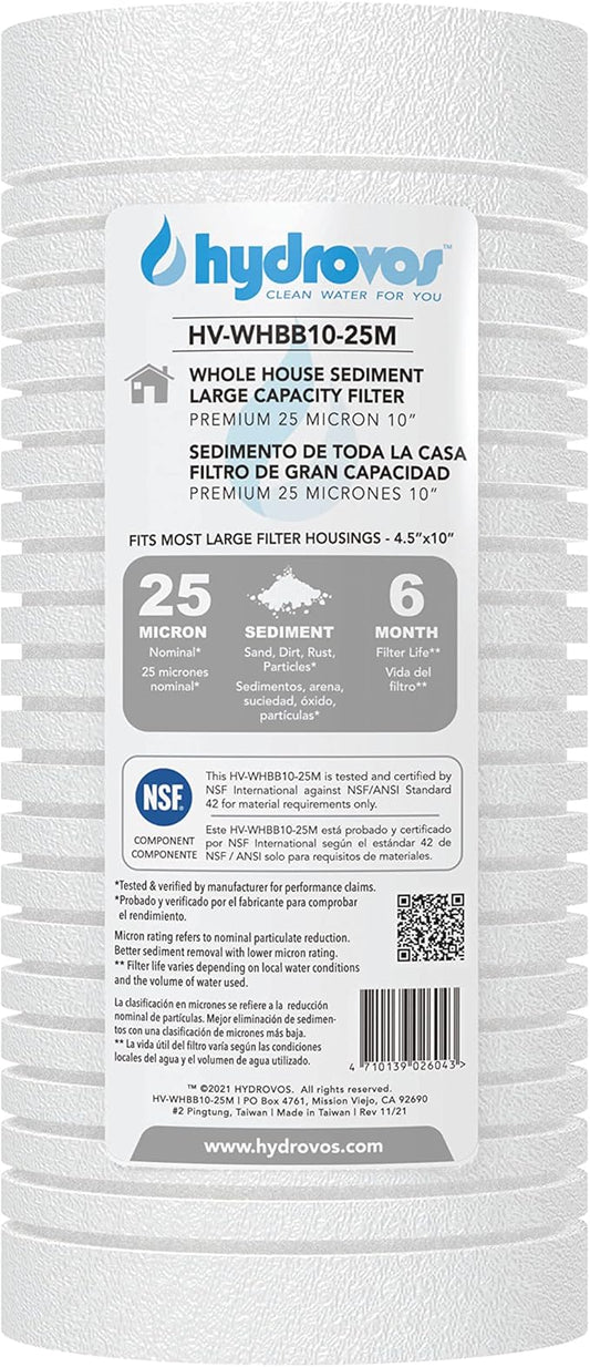 4.5 x 10 Inch Large Capacity Whole House Water Filter, NSF 42 Certified 25 Micron Sediment Filtration, Compatible with Replacement Filters WHKF-GD25BB. AP810, AP801, GXWH30C, GXWH35F, GWWH40