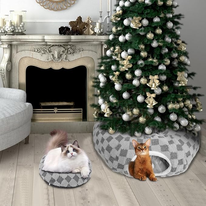 Homimp Cat Tunnel Bed with Central Mat, Large Tube Playground with Plush Ball Toy, Peekaboo Cat Cave with Washable Circle Cushion for Indoor Cats, Pop Up Bed HidePlace for Kitten Puppy Rabbit, Grey