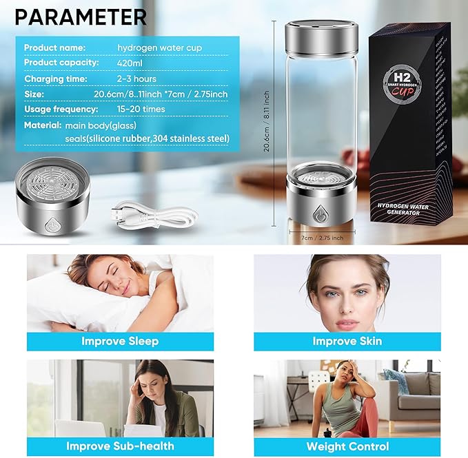 Hydrogen Water Bottle, Portable Hydrogen Water Bottle Generator, Ion Water Bottle Improve Water Quality in 3 Minutes, Water Ionizer Machine Suitable for Office, Travel and Daily Drinking(Sliver)