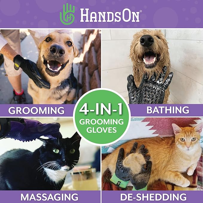 Handson Pet Grooming Gloves - #1 Ranked, Award-Winning Cat, Dog & Horse Hair Remover Gloves - Bathing, Shedding & Massaging Tool - Gentle Brush for Long & Short Fur (2 Pairs, Green, Large)
