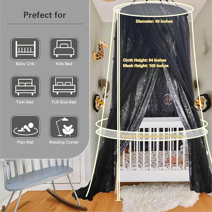 40"x 106" Bed Canopy for Girls & Adults, Double Layer Princess Round Dome Bed Curtain Canopy Drapes, Dreamy Mosquito Net Reading Nook, Bedroom Decoration (Moon)