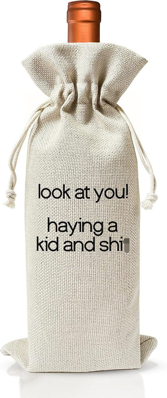 Pregnancy Announcement Wine Gift Bags - New Mom Gift Wine Bags - Cover Bag For Having New Baby - Grandparents - New Parents - Baby shower Party Supplies Favors - Mother's Day Gift - Burlap - HiMo212