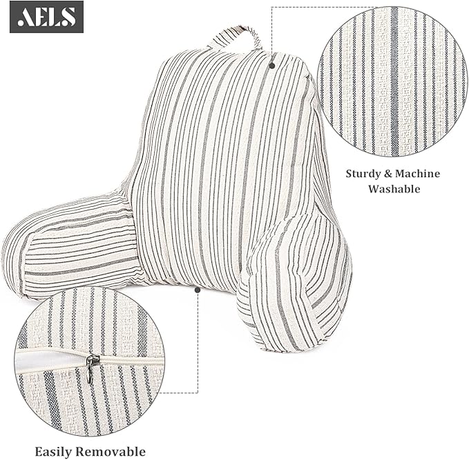 AELS Large Reading Pillow Replacement Cover with Arms and Pockets, 18" Beige with Gray Stripes Textured Linen Backrest Pillow Cover Fits Standard Size Pillows (Cover ONLY)