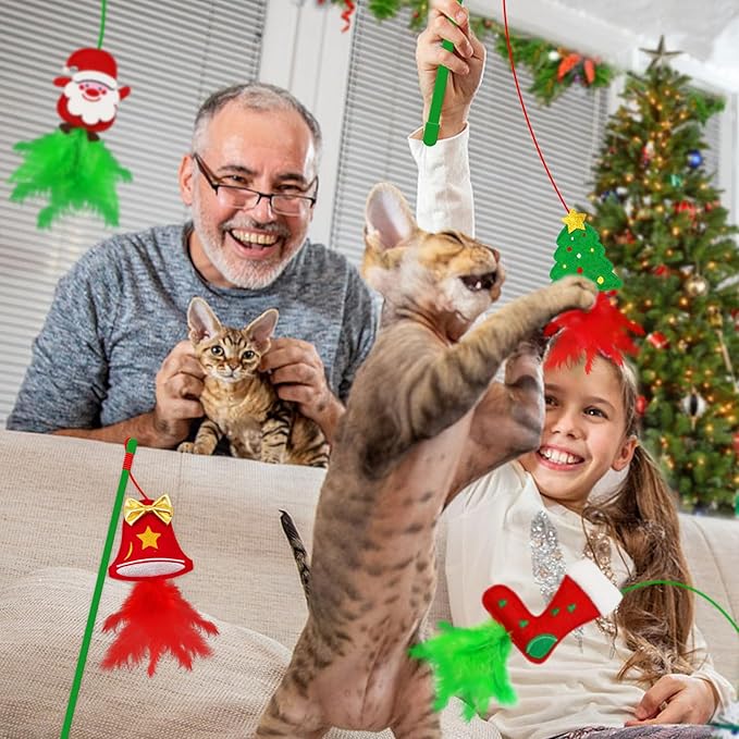 Cat Wand Toys - 4 Pack Wand Toys for Indoor Cats, Catnip and Feather Cat Gifts for Christmas Kitten