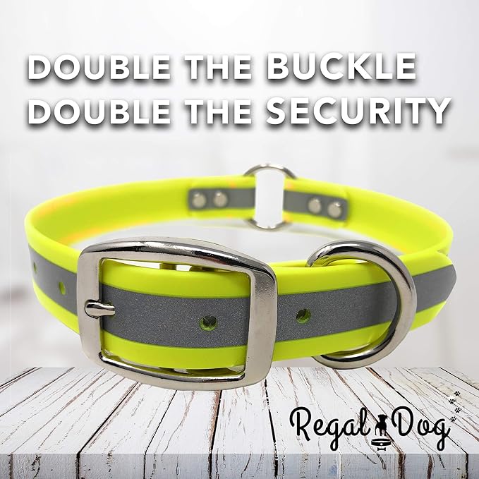 Regal Dog Products Medium Yellow Heavy Duty Reflective Dog Collar with Durable Metal Buckle and D Ring Adjustable, Chew Proof & Waterproof Center Ring | Strong Small Dog Collar