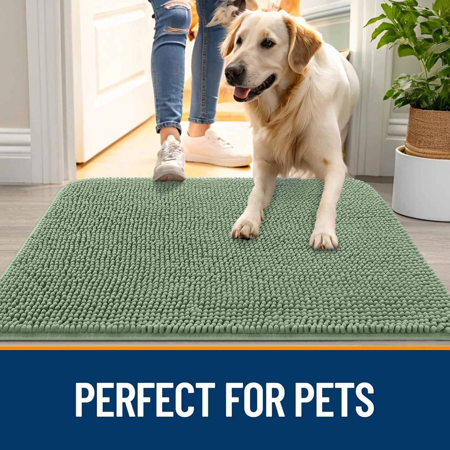 OLANLY Dog Door Mat for Muddy Paws 36x24, Absorbs Moisture and Dirt, Absorbent Non-Slip Washable Doormat, Quick Dry Chenille Mud Mat, Entry Indoor Entryway Carpet for Inside Floor, Olive Green