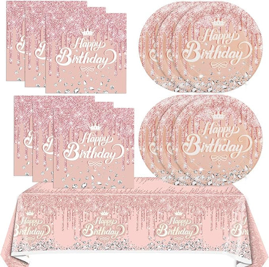 41Pcs Rose Gold Birthday Party Decorations - Pink Rose Gold Theme Supplies - Includes 20 Plates, 20 Napkins and 1 Tablecloth for Girls Women