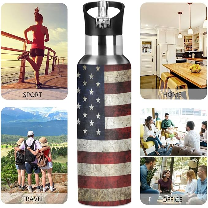 Alaza American Flag Patriotic Water Bottle With Straw Lids Boys Girls,Vacuum Insulated Leakproof Stainless-Steel Sports Bottle Thermal Flask For Gym Yoga Camping,34Oz (1000Ml)