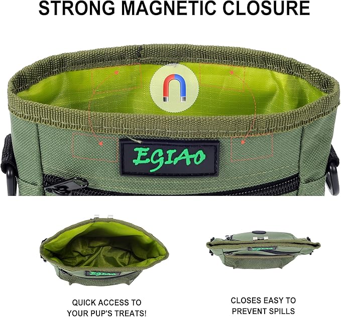 Dog Treat Pouch with Collapsible Dog Bowl, Training Clicker and Poop Bags, Treat Pouches for Pet Training, Magnetic Closure, Built-in Poop Bag Dispenser, Waist Belt Clip, Puppy Treat Bag - Green