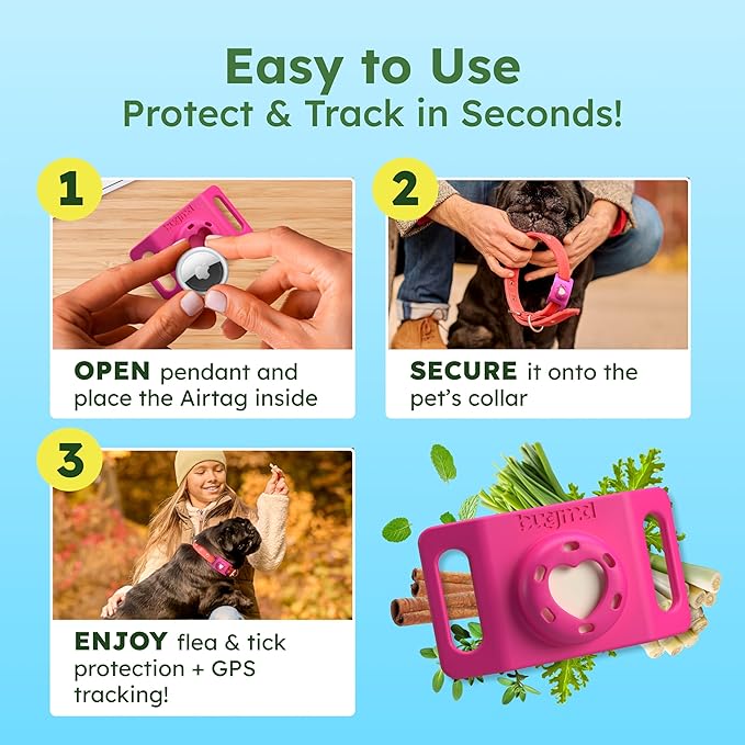 BugMD Paw Guardian Flea and Tick Prevention Pendant for Dogs & Cats with AirTag Holder | Plant-Powered Flea & Tick Control for Dog Collars & Cat Harnesses | Cat and Dog Tag with Air Tag Holder - Pink