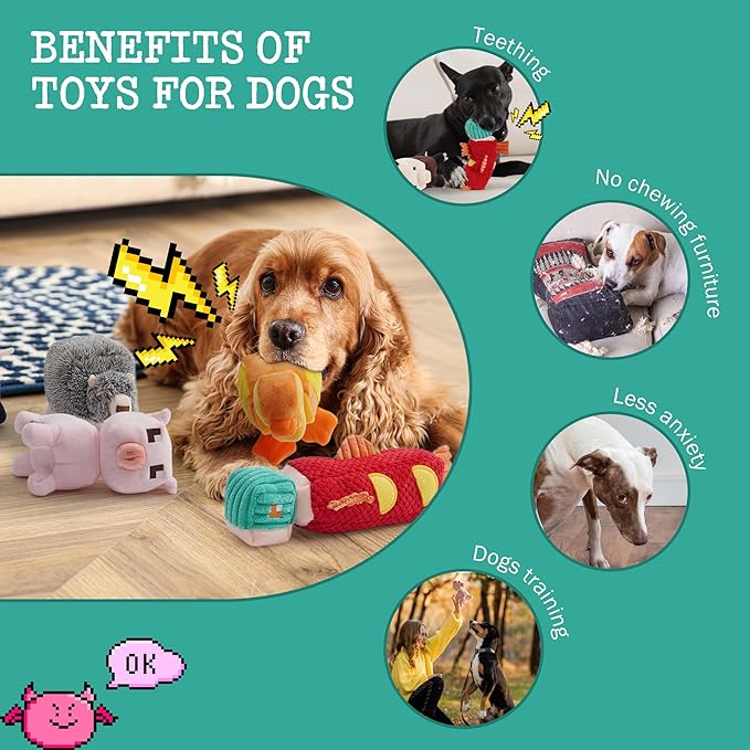 5 PC Small Medium Dog Toys, Cute Soft Squeaky Crinkle Plush Stuffed Durable Plush Dog Chew Toy to Keep Them Busy Cognitive Stimuting Puppy Toys for Boredom, Square Pixel World Style