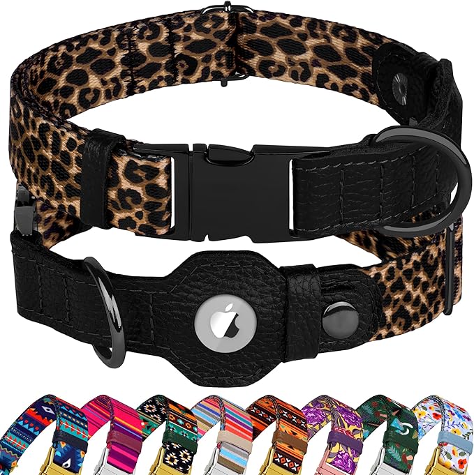 AirTag Dog Collar for Small Medium Large Breed - Adjustable Cute Pattern Dog Collar with Airtag Holder - Soft Leather Tracker GPS Apple Air Tag Pet Collars (Small, 12"-15" Neck Fit, Leopard)