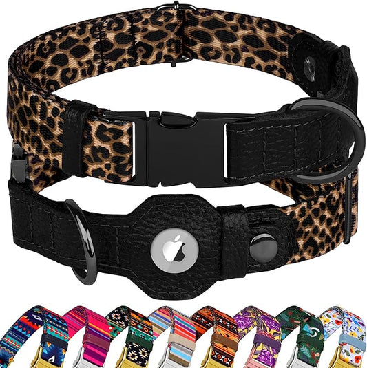 AirTag Dog Collar for Small Medium Large Breed - Adjustable Cute Pattern Dog Collar with Airtag Holder - Soft Leather Tracker GPS Apple Air Tag Pet Collars (Large, 17"-21" Neck Fit, Leopard)