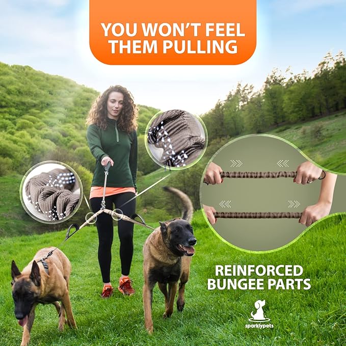 SparklyPets Double Dog Leash for 2 Dogs – Rope Bungee Dual Leash for Medium and Large Breeds with Padded Handles & Tangle Free (Brown, Medium/Large)
