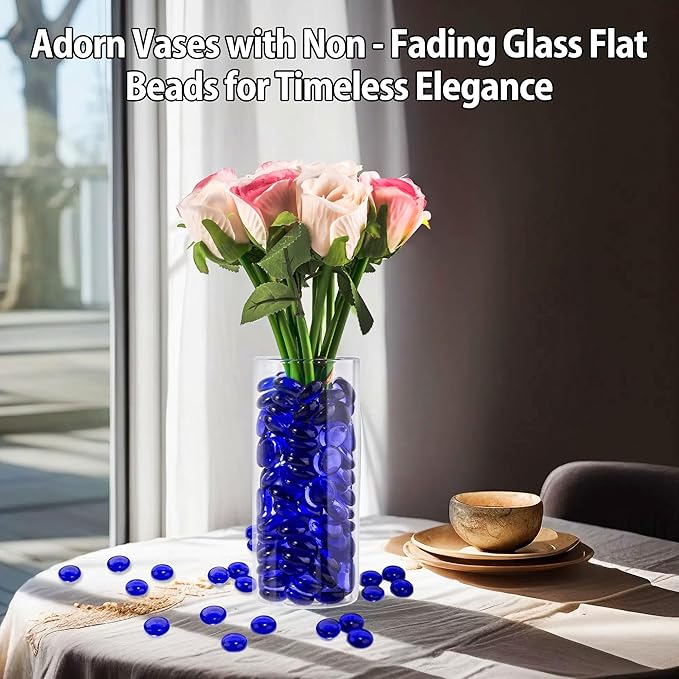 Blue Glass Marbles, 0.97 LB Transparent and Smooth Flat Glass Beads for Vases, Mosaic Gem Pebbles for Aquarium Decor, Floral Arrangements, Mancala Stones, Vase Filler and Crafts (Approx. 80-100 PCS)