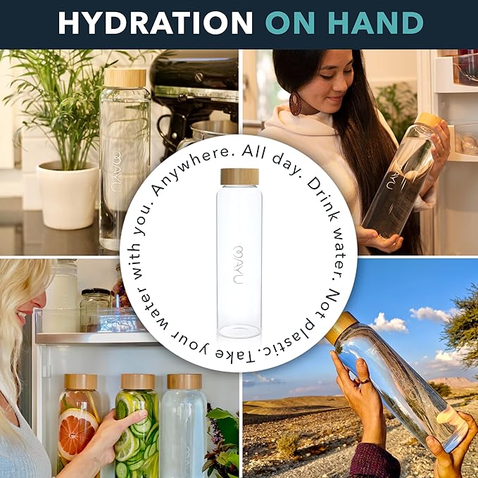 mayu Portable Container Water Bottle With Bamboo Lid - Eco Friendly & BPA Free Borosilicate Glass Infuser Bottle - Leak Free Design - For Storage, Everyday Use And Non-Toxic Hydration - 51oz 1.5L