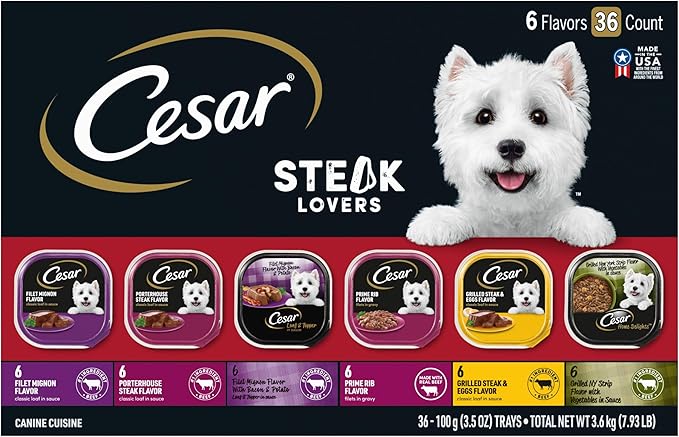 Cesar Wet Dog Food Steak Lovers Variety Pack with Real Meat, 3.5 oz. Trays (36 Count, Pack of 1)