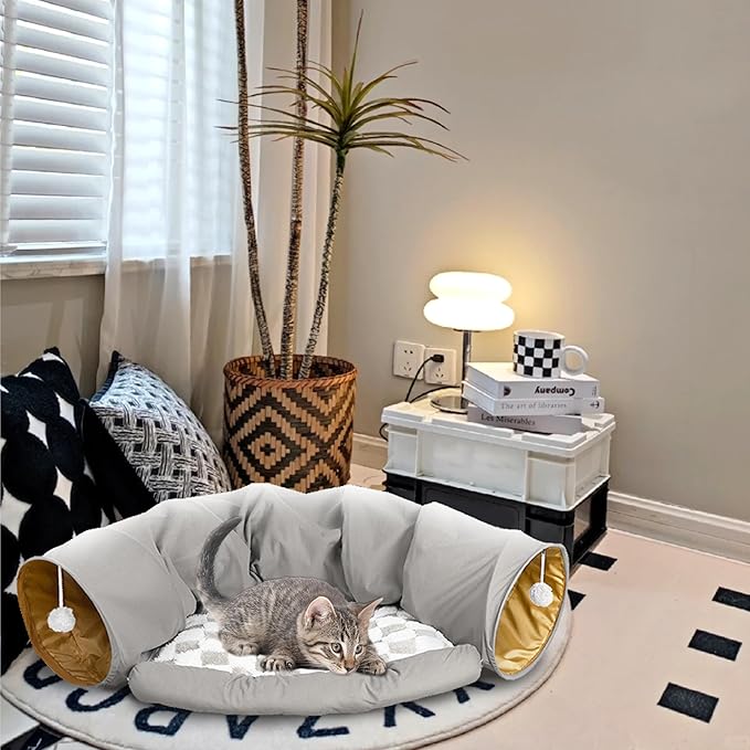 Cute Cat Tunnel Bed for Indoor with Collapsible Washable Design, Half Round Pet Play Interactive Toy for Cats/Puppy/Rabbit, Grey