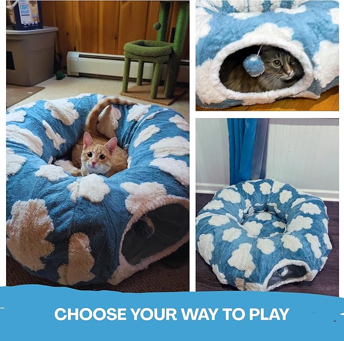 Cat Tunnel Bed – Cozy Donut Cat Cave Tunnel for Indoor Cats, Collapsible Peekaboo Play Tunnel Toy for Kittens, Rabbits & Small Pets, Standard Blue