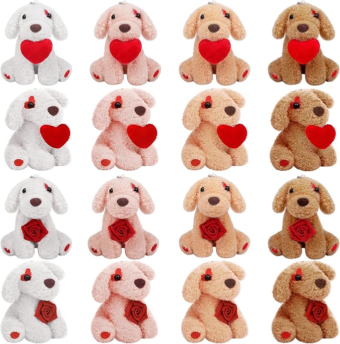 Elcoho 16 Pieces 4 Inches Mini Valentine's Day Plush Dogs Stuffed Puppy Dog with Keychain Cute Stuffed Animal Toy Soft Toys Valentine Party Favor for Goodie Bag Valentine Gifts, 8 Styles