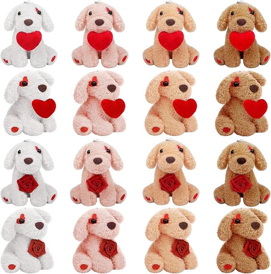 Elcoho 16 Pieces 4 Inches Mini Valentine's Day Plush Dogs Stuffed Puppy Dog with Keychain Cute Stuffed Animal Toy Soft Toys Valentine Party Favor for Goodie Bag Valentine Gifts, 8 Styles