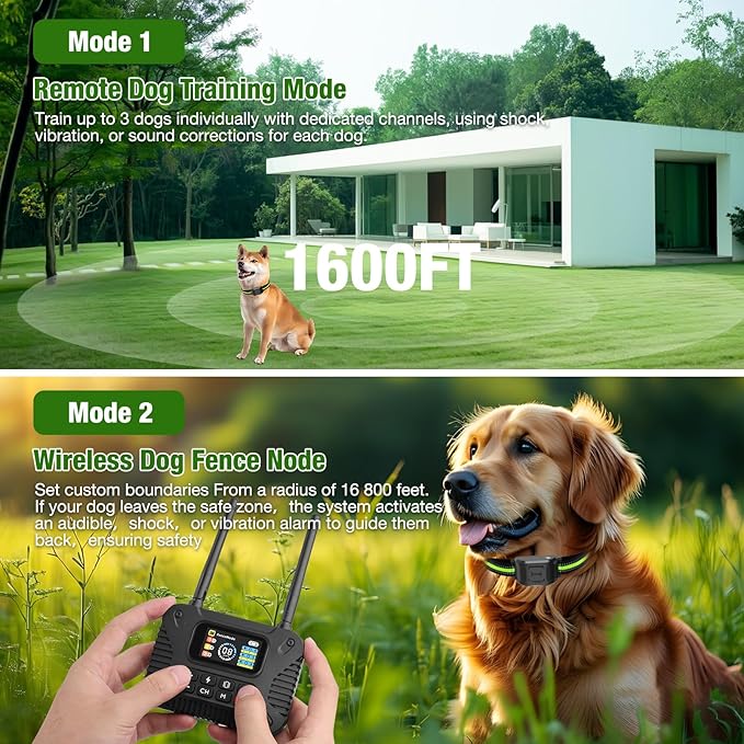 Wireless Dog Fence 2.4GHz Electric Fence for Dogs Wireless Fence for Dogs Portable Electric Dog Fence with Waterproof and Rechargeable Dog Training Collar (1 Controller & 1Collar)