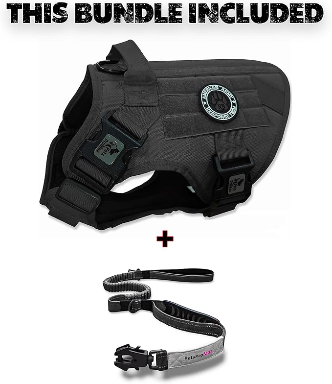 Tactical Dog Harness with Tactical Dog Leash as 1 Set for Extra Large Dogs; Military Style Tactical Dog Vest and Bungee Dog Leash with Car Seat Buckle; No-Pull Dog Vest and Leash Black XL