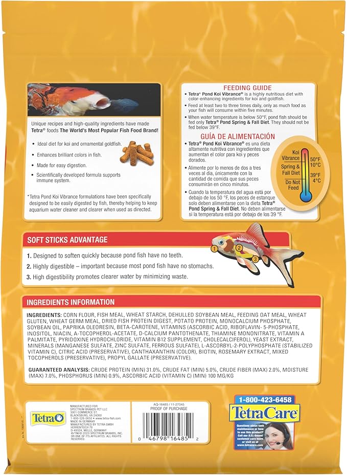 TetraPond Koi Vibrance Soft Sticks, Floating Pond Fish Food for Koi Fish and Ornamental Goldfish, 2.42 Pounds