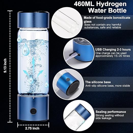 Hydrogen Water Bottle Portable Rechargeable Hydrogen Water Bottles Generator 3 Min Quick Electrolysis Hydrogen Rich Water Bottle Suitable for Travel Office Exercise Daily Drinking Blue