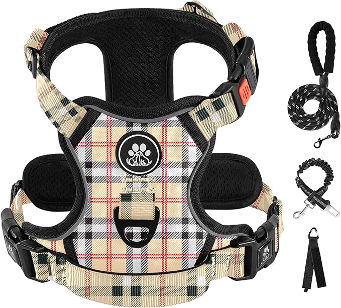 IVY&LANE No Pull Dog Harness with Leash Set, Reflective No Choke Pet Vest,Adjustable Oxford Dog Vest Harness with Easy Control Handle for Small Dogs (Checkered Beige,S)